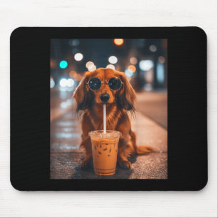 Funny dachshund drinking iced coffee lover dog mouse pad