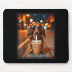 Funny dachshund drinking iced coffee lover dog mouse pad