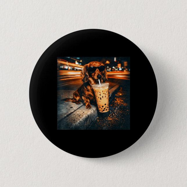 Funny Dachshund Drinking Iced Coffee Lover Humor Button (Front)