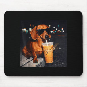 Funny dachshund drinking iced coffee lover humor mouse pad