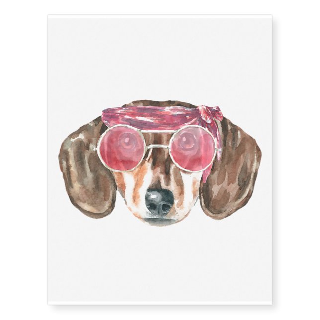 Funny Dachshund Face Hippie Dog Temporary Tattoos (Front)