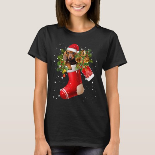 Funny Dachshund In Sock Christmas Santa Hat Xmas D T_Shirt