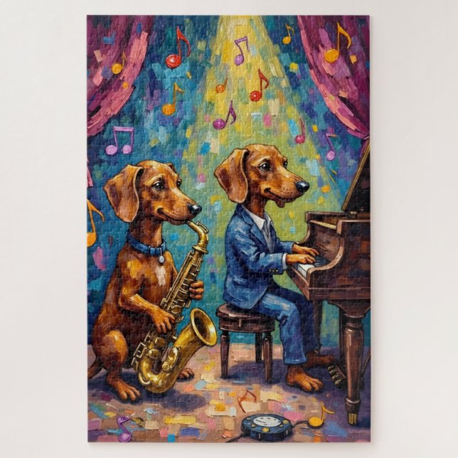 Funny Dachshund Jazz Band Music Dog Lover Art Jigsaw Puzzle (Vertical)