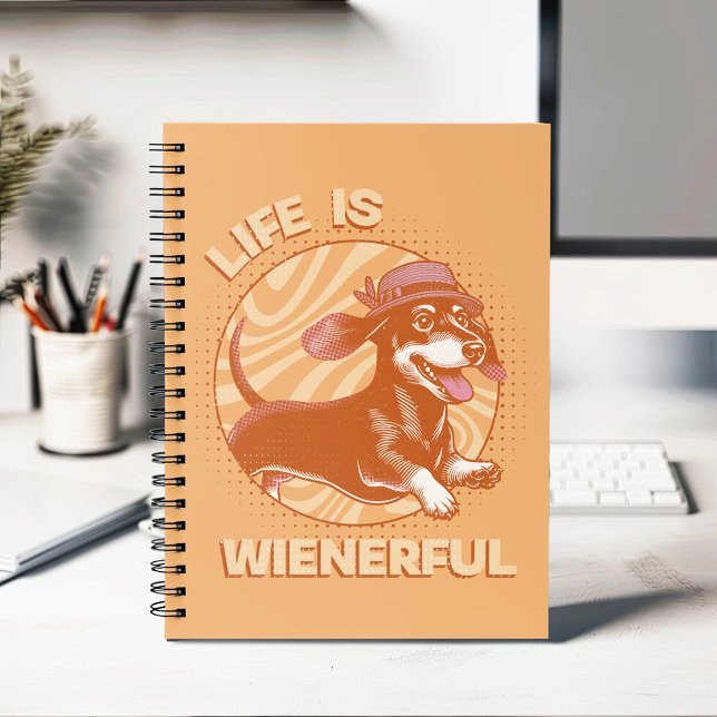 Funny Dachshund "Life is Wienerful" Retro Colors Notebook (This fun and quirky design features an adorable dachshund, complete with a cute fedora hat!)