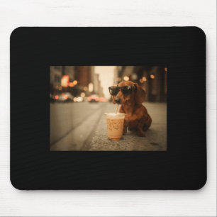 Funny dachshund lover drinking iced coffee humor mouse pad