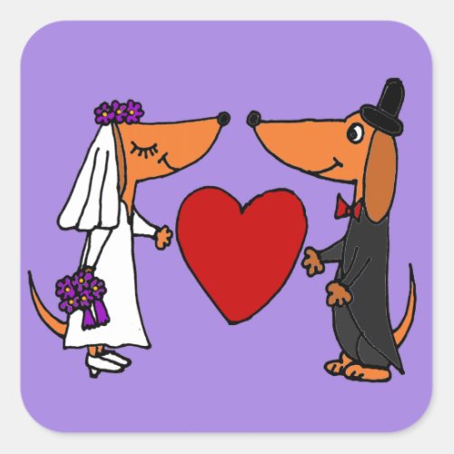 Funny Dachshund Puppy Dogs Bride and Groom Wedding Square Sticker