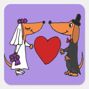 Funny Dachshund Puppy Dogs Bride and Groom Wedding Square Sticker