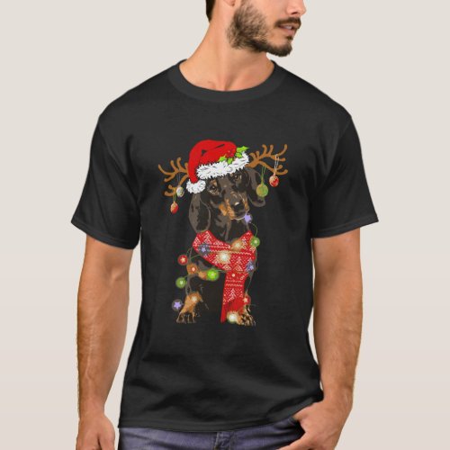 Funny Dachshund Santa Hat Xmas Lights Gift Dog Lov T_Shirt