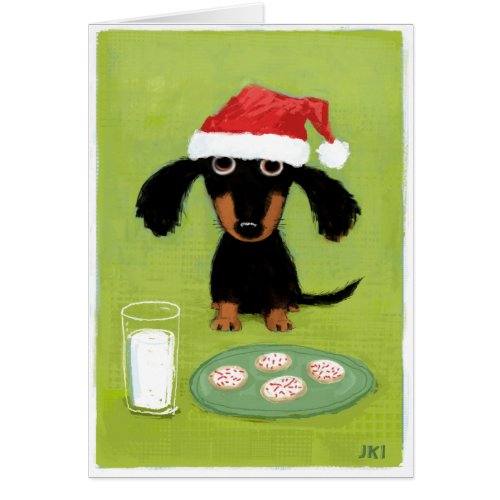 Funny Dachshund Santa with Milk and Cookies Greeting Card
