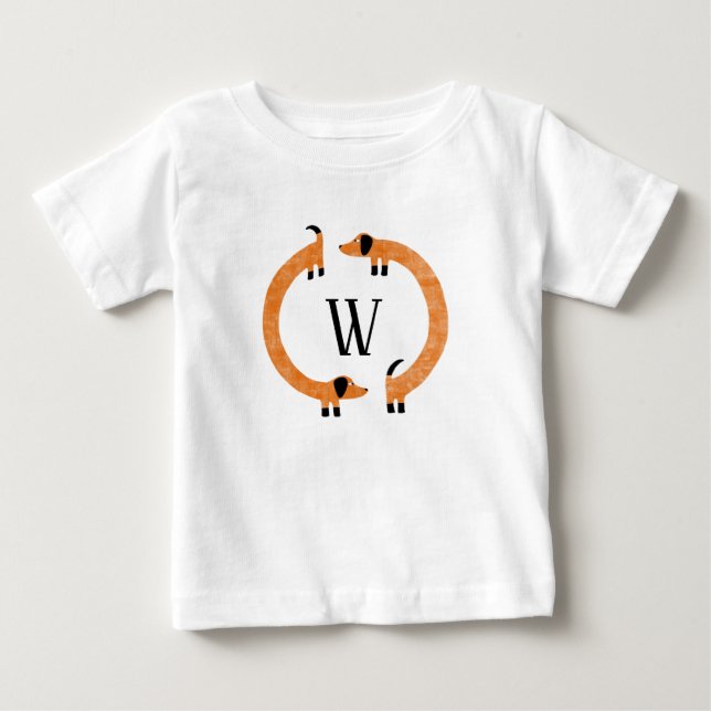 Funny Dachshund Sausage Dog Monogram Baby T-Shirt (Front)
