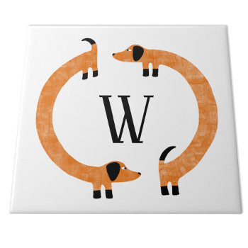 Funny Dachshund Sausage Dog Monogram Ceramic Tile by Squirrell at Zazzle