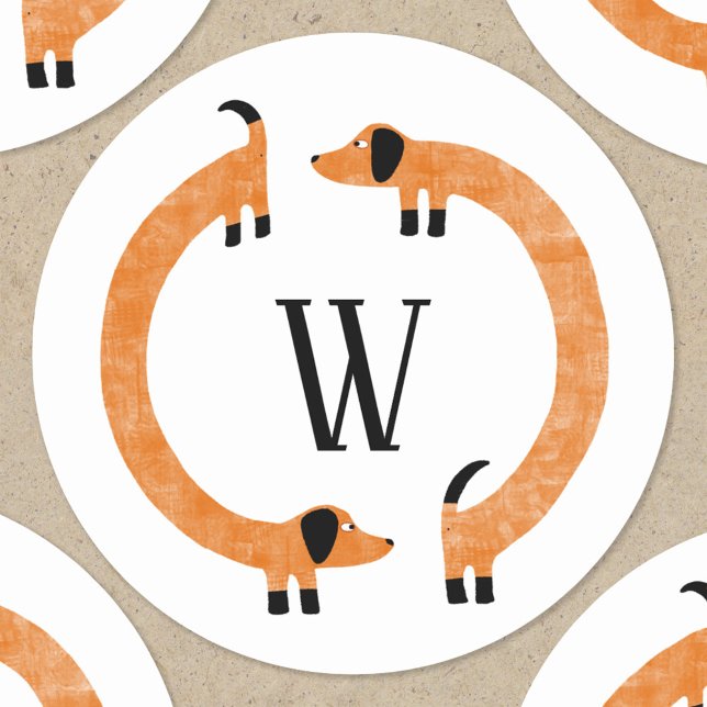 Funny Dachshund Sausage Dog Monogram Classic Round Sticker (Dachshund Wiener Sausage Dog monogram initial stickers)