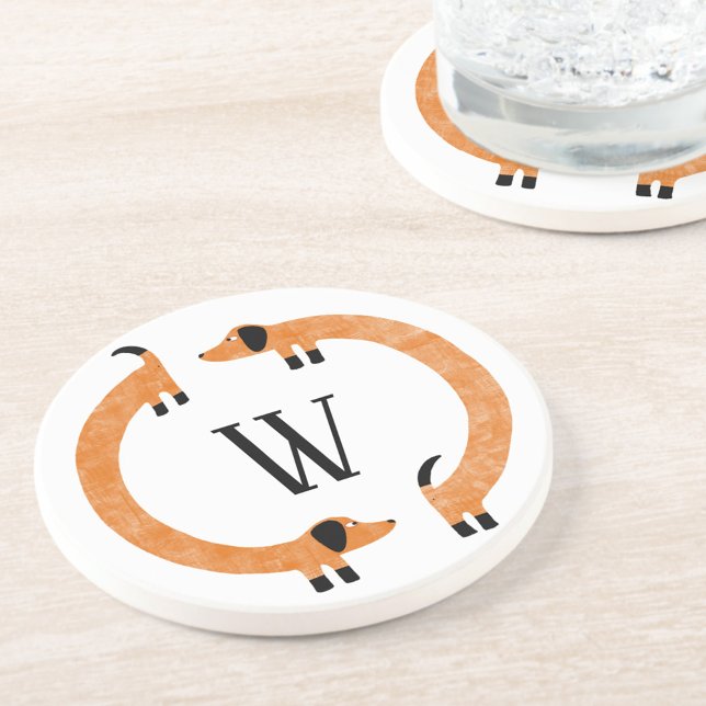 Funny Dachshund Sausage Dog Monogram Coaster (Fun personalized initial monogram dachshund wiener dog coaster)