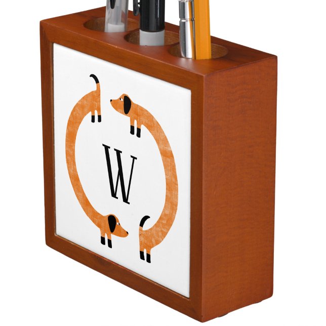 Funny Dachshund Sausage Dog Monogram Desk Organizer (Fun Dachshund Wiener Sausage Dog monogram initial personalized desk organizer for pet lovers)