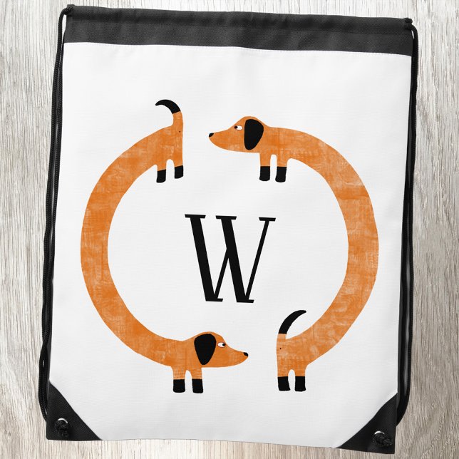 Funny Dachshund Sausage Dog Monogram Drawstring Bag (Dachshund Weiner Sausage Dog funny monogram initial personalized drawstring backpack bag)