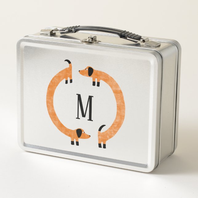 Funny Dachshund Sausage Dog Monogram Metal Lunch Box (Front)