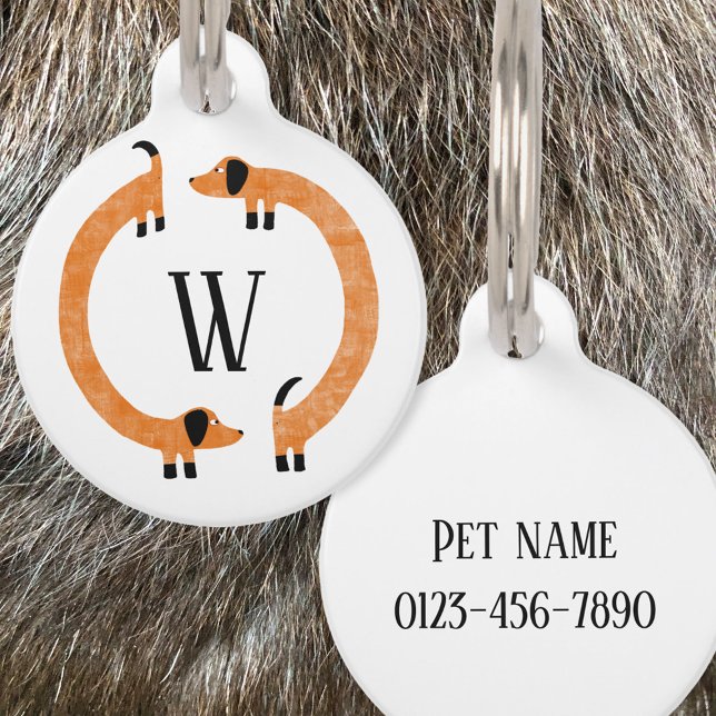 Funny Dachshund Sausage Dog Monogram Pet ID Tag (Fun Dachshund Sausage or Wiener Dog personalized pet tag)