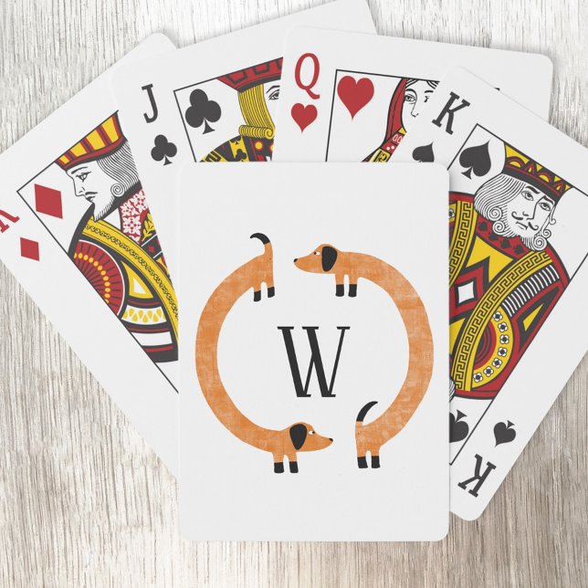 Funny Dachshund Sausage Dog Monogram Poker Cards (Funny Dachshund Wiener Sausage Dog personalized monogram initial playing cards)