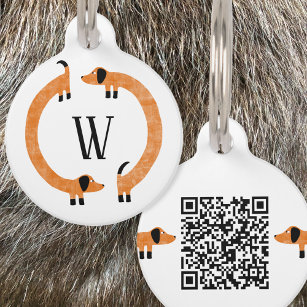 Funny Dachshund Sausage Dog Monogram QR Code Pet ID Tag