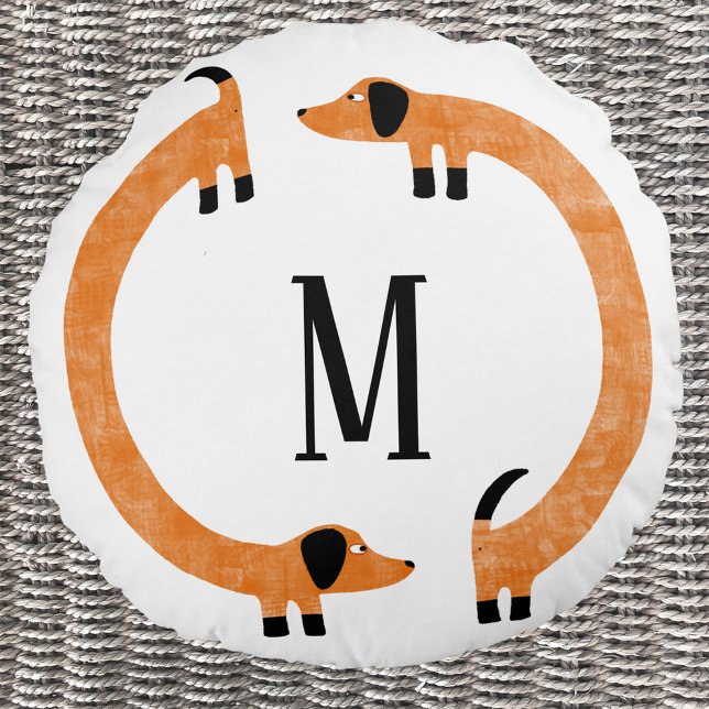 Funny Dachshund Sausage Dog Monogram Round Pillow (Fun Dachshund Wiener Sausage Dog personalized monogram initial round pillow for dog lovers)