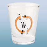 Funny Dachshund Sausage Dog Monogram Shot Glass<br><div class="desc">Cute and funny dachshund,  sausage dogs or wiener dogs in perpetual motion.
Customize by changing or removing the initial.</div>