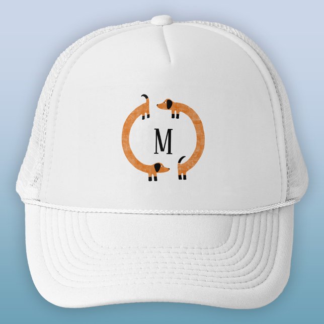 Funny Dachshund Sausage Dog Monogram Trucker Hat (Dachshund Wiener Sausage Dog fun personalized monogram initial trucker hat)