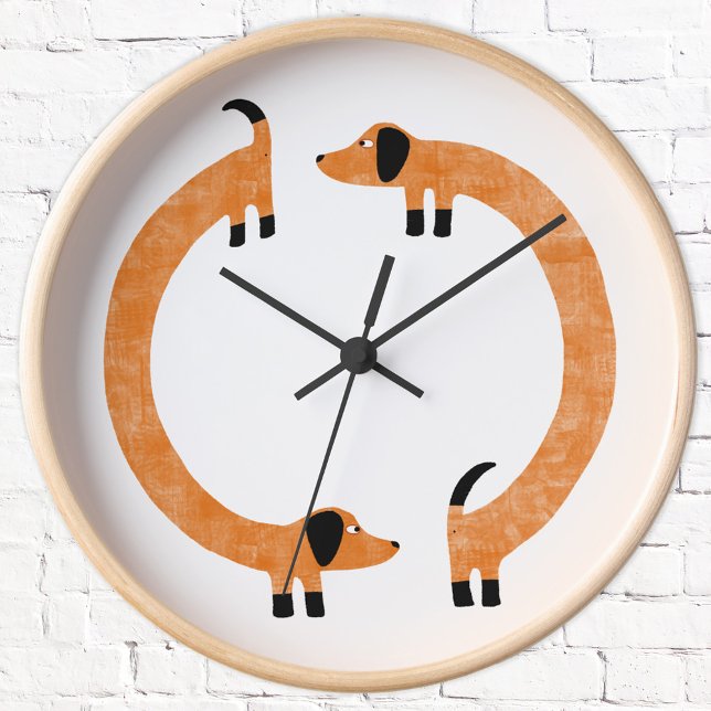 Funny Dachshund Sausage Dog Round Clock (Fun Dachshund Sausage or Wiener dog wall clock with or without wooden frame.)
