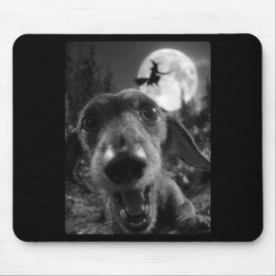 Funny Dachshund Selfie Full Moon Flying Witch Mouse Pad