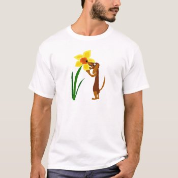 Funny Dachshund Smelling Yellow Daffodil T-shirt by Petspower at Zazzle