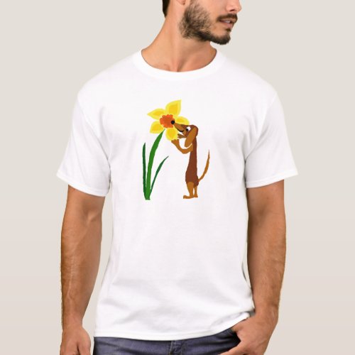 Funny Dachshund Smelling Yellow Daffodil T_Shirt