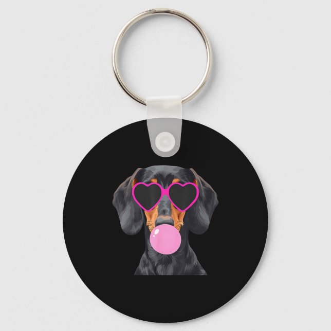 Funny Dachshund Wearing Gles And Blowing Nk Bubble Keychain (Front)
