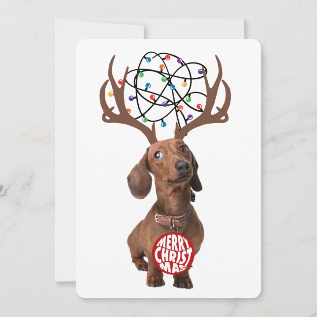 Funny Dachshund Wiener Dog Antlers Merry Christmas Holiday Card (Front)