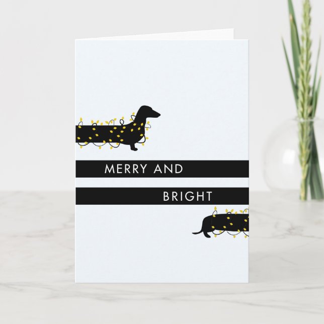 Funny Dachshund with Christmas lights Holiday Card (Front)