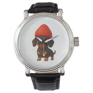 Funny dachshund with strawberries and hat fruity watch