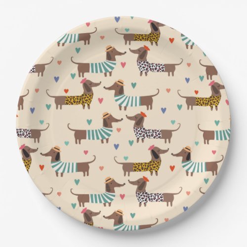 Funny Dachshunds in Hats and Sweaters Paper Plates