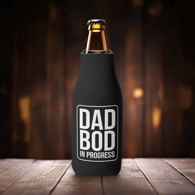 Funny Dad Bod in Progress Humor Fathers Day Black Bottle Cooler (Funny Dad Bod Bottle Cooler)