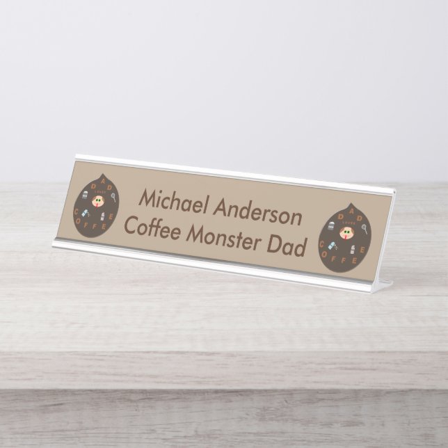 Funny Dad Monster Loves Coffee Custom Desk Name Plate (Front)