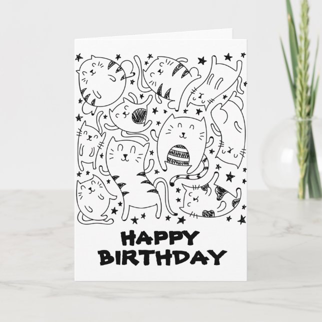 Funny dancing cats doodles happy birthday card (Front)