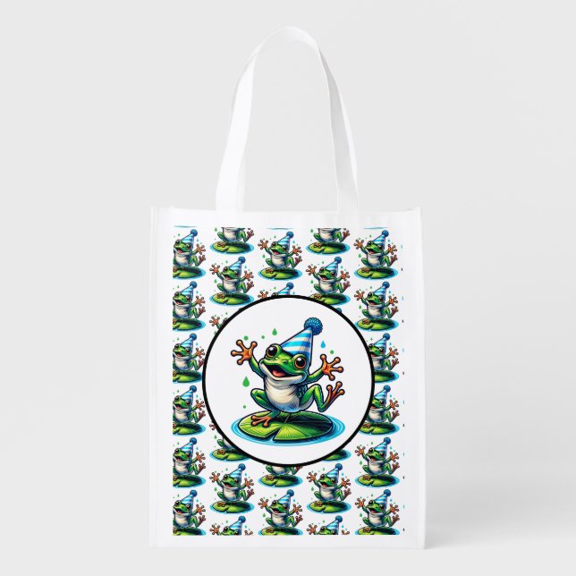 Funny Dancing Frog on a Lily Pad Birthday  Grocery Bag (Front)