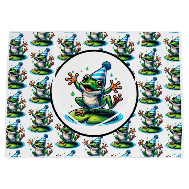 Funny Dancing Frog on a Lily Pad Birthday  Large Gift Bag (Front)