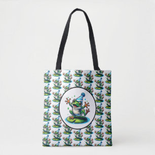 Funny Dancing Frog on a Lily Pad Birthday Tote Bag