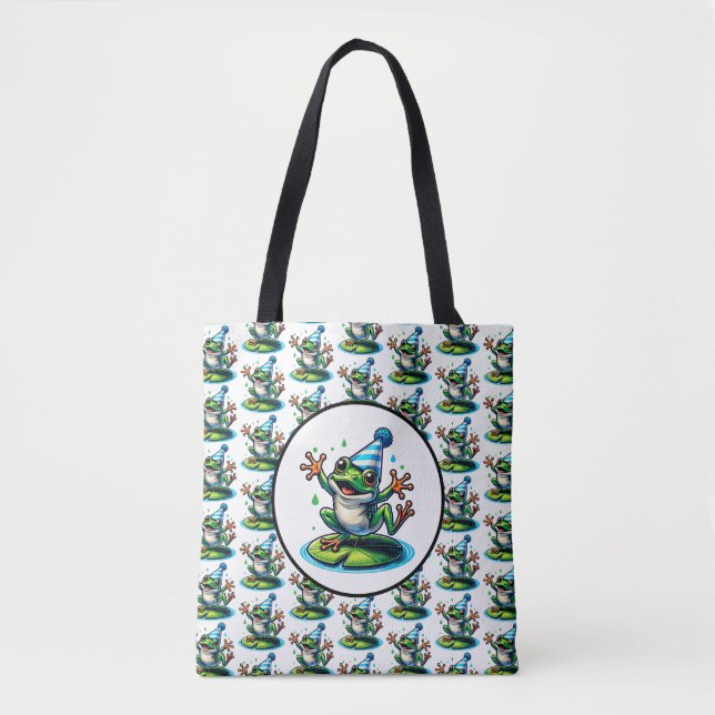 Funny Dancing Frog on a Lily Pad Birthday  Tote Bag (Front)