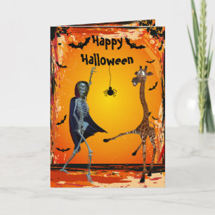 Funny Dancing Giraffe & Skeleton Halloween Card