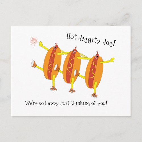 Funny dancing hot dogs celebrate love postcard