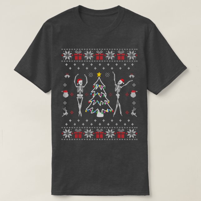 Funny Dancing Skeleton Christmas Lights Ugly Chris T-Shirt (Design Front)