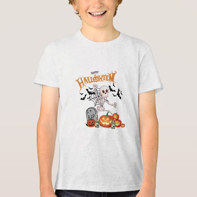 Funny Dancing Skeleton & Pumpkins Happy Halloween  Tri-Blend Shirt (Front)