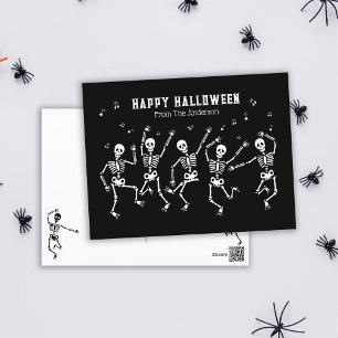 Funny Dancing Skeletones Halloween Black And White Holiday Postcard