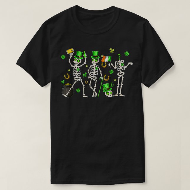 Funny Dancing Skeletons  St Patricks Day Shamrock  T-Shirt (Design Front)