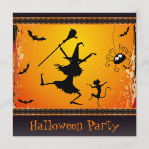 Funny Dancing Witch and Cat Halloween Party Invitation