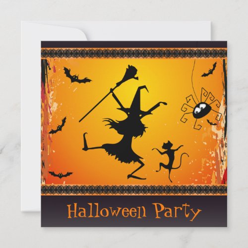 Funny Dancing Witch and Cat Halloween Party Invitation